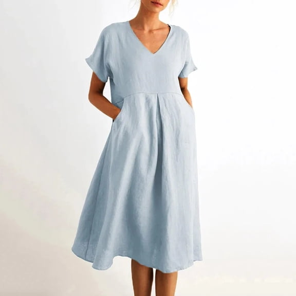 Roncen Women's Midi Dress​ Solid Loose Cotton Linen Dresses with Pockets