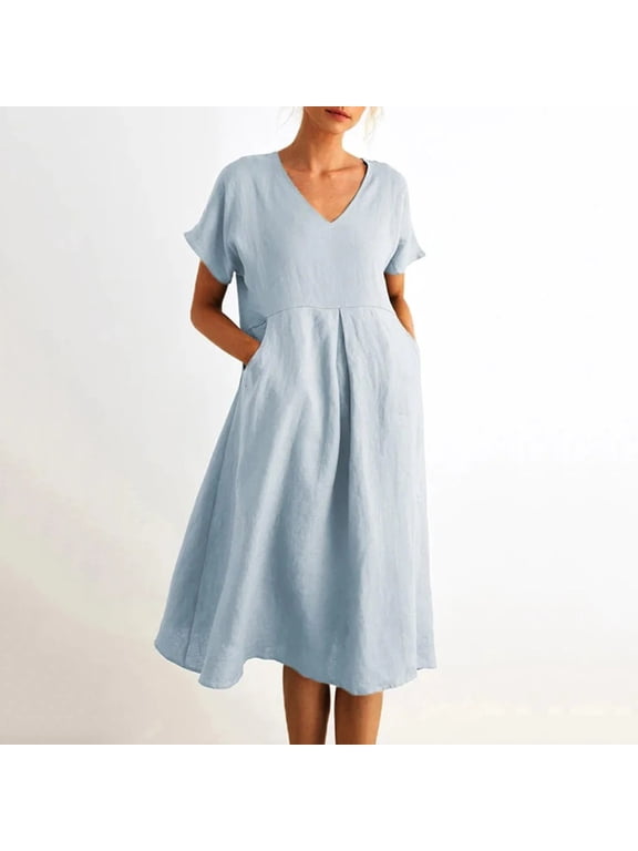 Women's Midi Dress Solid Loose Cotton Linen Dresses with Pockets
