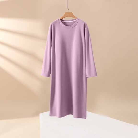 Roncen Women's Nightgown with Built-in Bra, Soft Velour Solid Color Long Sleeve Midi Nightdress, Cozy Knee-Length Sleepshirt