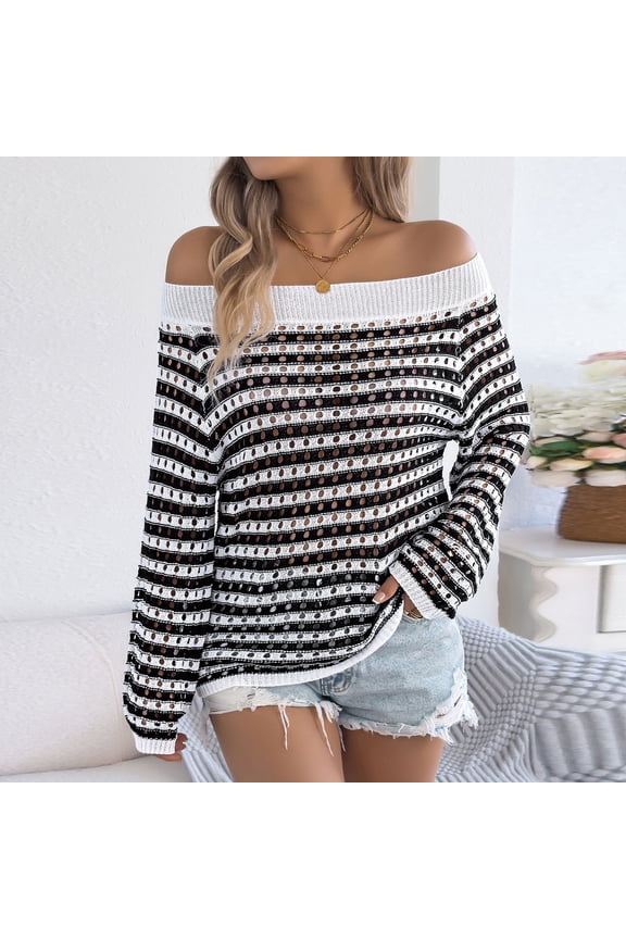 Women's Off Shoulder Knit Sweater, Striped Loose Fit Long Sleeve Top with Lace Detail, Boho Casual Pullover