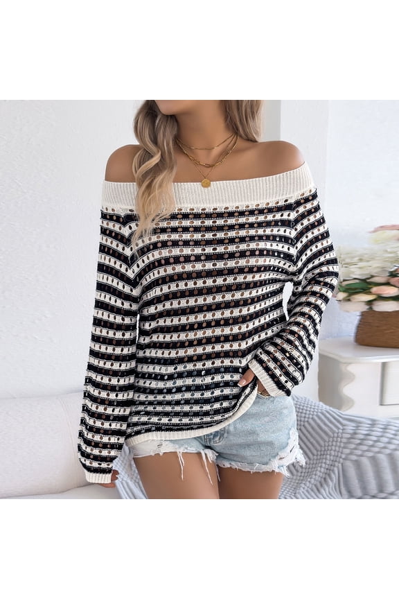 Women's Off Shoulder Knit Sweater, Striped Loose Fit Long Sleeve Top with Lace Detail, Boho Casual Pullover
