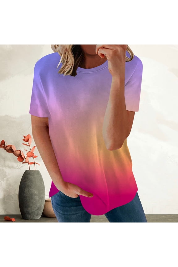 Women's Ombre Print V-Neck T-Shirt, Color Gradient Short Sleeve Casual Tee, Breathable Blouse