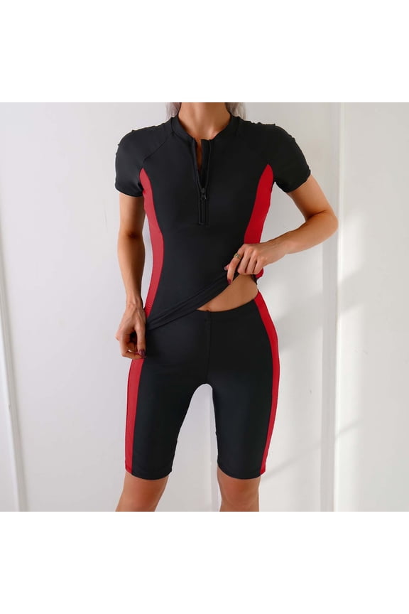 Women's One Piece Short Sleeve Boy-Leg Surfing Suit Sun Protection Swimwear