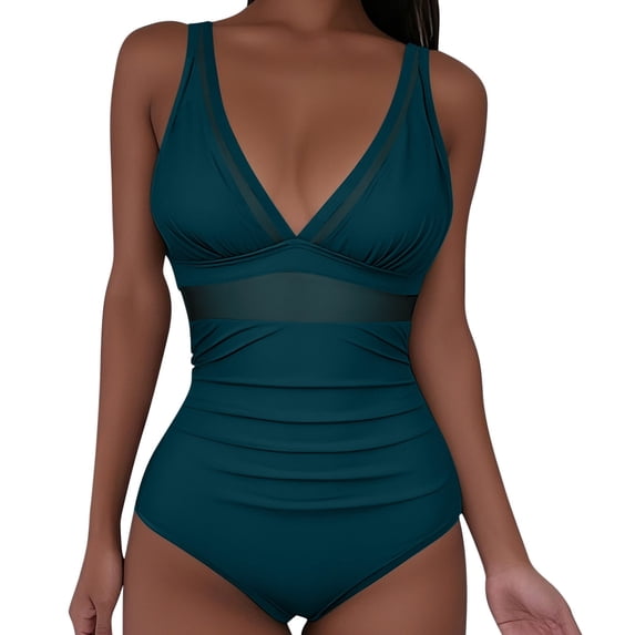 Roncen Women's One Piece Swimsuits Tummy Control Bathing Suits V Neck Ruched Push Up Halter Slimming Summer Swimwears