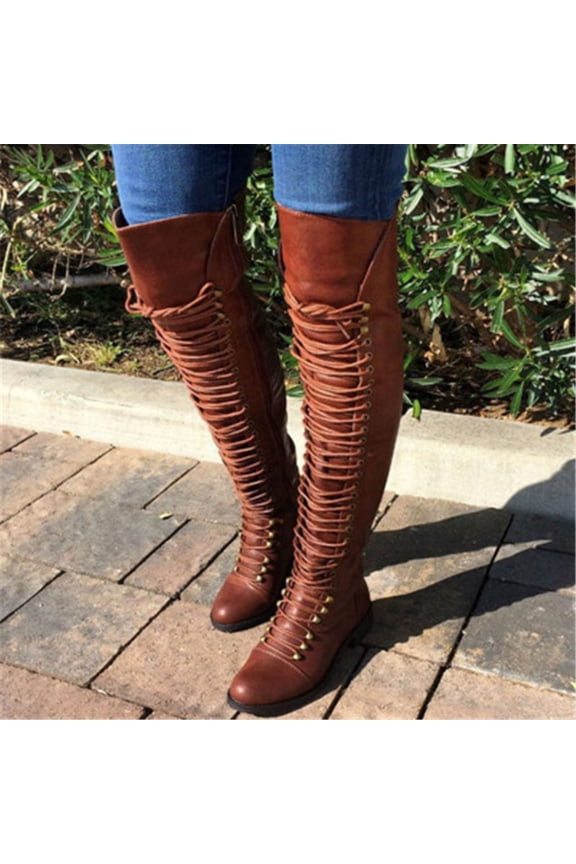 Women's Over-the-Knee Boots - Fashion Casual Mid Heel with Wrap-around Strap, Stylish Fall Winter Boots for Everyday Wear