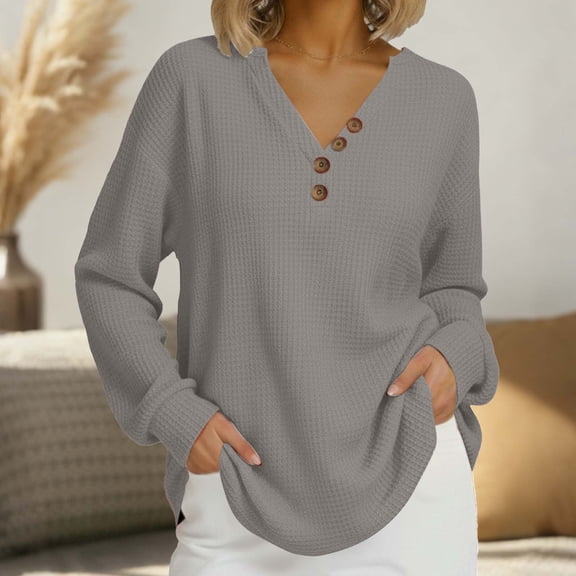 Roncen Women's Oversized Sweaters Batwing Long Sleeve Loose V Neck Button Henley Tops Pullover Knit Jumper