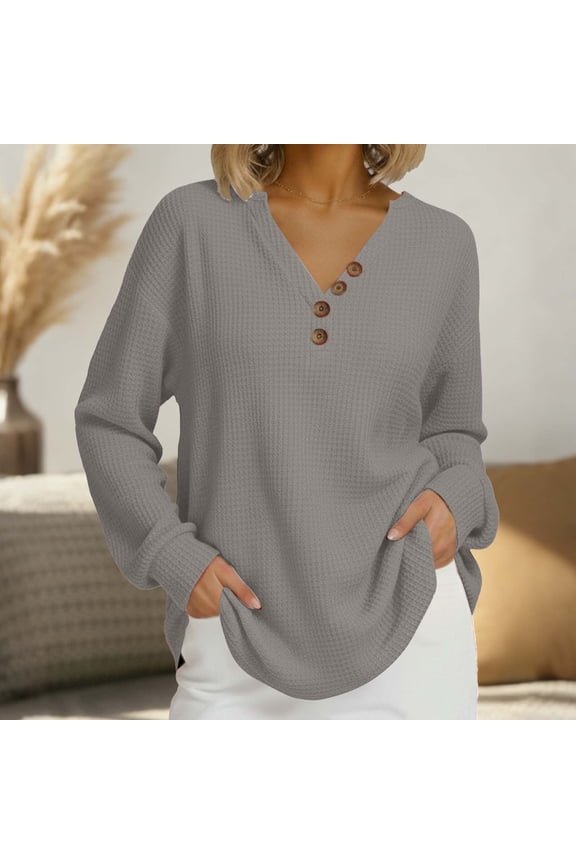 Women's Oversized Sweaters Batwing Long Sleeve Loose V Neck Button Henley Tops Pullover Knit Jumper