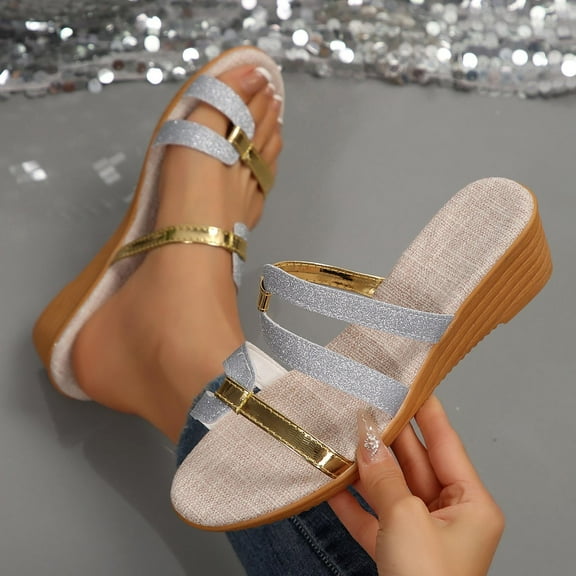 Roncen Women's Peep Toe Beach Sandals - Two-Tone Wedge Heel Breathable Summer Vacation Casual Versatile Trendy Slip-Ons