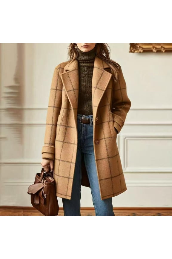 Women's Plaid Wool Blend Coat - Longline Notched Collar Winter Jacket with Button Front