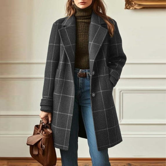 Roncen Women's Plaid Wool Blend Coat - Longline Notched Collar Winter Jacket with Button Front