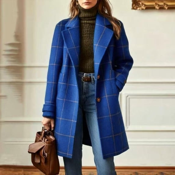 Roncen Women's Plaid Wool Blend Coat - Longline Notched Collar Winter Jacket with Button Front