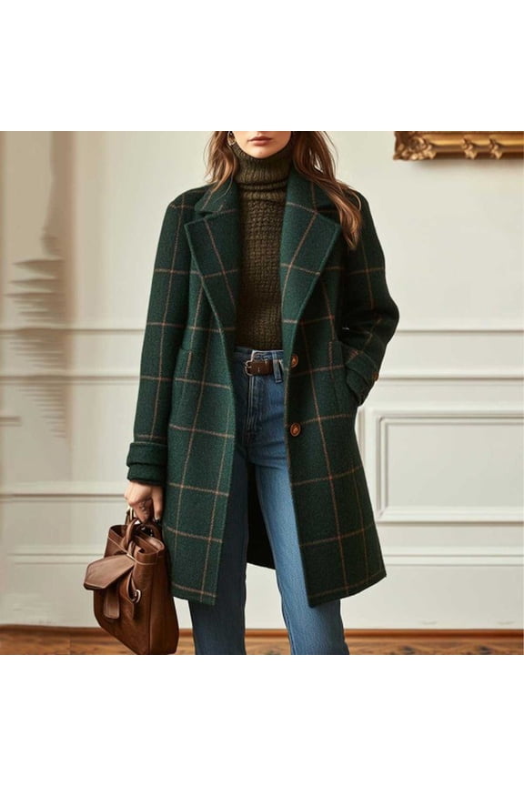 Women's Plaid Wool Blend Coat - Longline Notched Collar Winter Jacket with Button Front