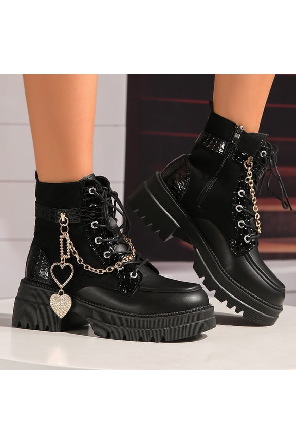 Women's Platform Ankle Boots - Stylish Casual Multi-Color Chunky Heel Motorcycle Boots with Edgy Chain Details for Streetwear Fashion