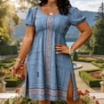 thumbnail image 1 of Roncen Women's Plus Size Bohemian Floral Print Dress, Short Sleeve Midi Dress with Puffy Sleeves and Side Slit, 1 of 6
