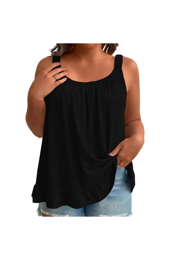 Women's Plus Size Camisole Top, Ruffle Hem Sleeveless Cami with Smocked Strap Detail
