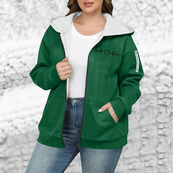 Roncen Women's Plus Size Fleece-Lined Heavyweight Hoodie - Solid Color Zippered Hooded Sweatshirt - Drop Shoulder Long Sleeve Casual Streetwear Outerwear