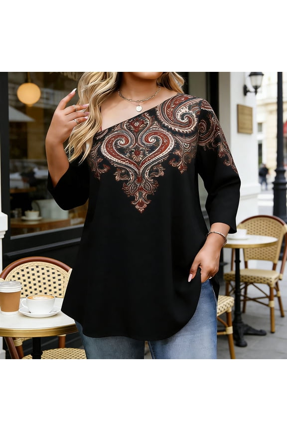 Women's Plus Size Paisley Print Top, Elegant One Shoulder 3/4 Sleeve Blouse with Side Slit & Pocket