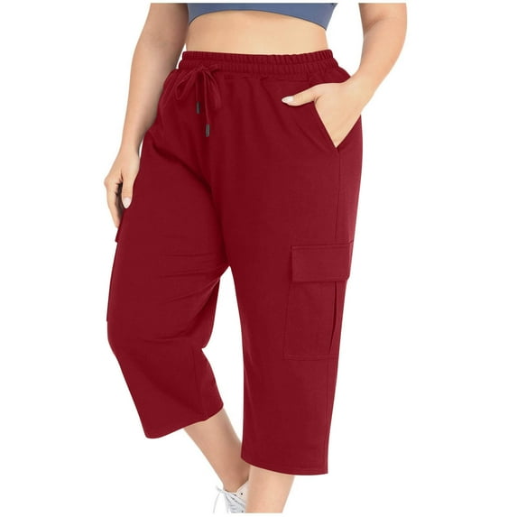 Roncen Women's Plus Size Solid Color Capri Pants - Elastic DNaturalstring Waist & Pockets Casual Comfort Fit Trousers