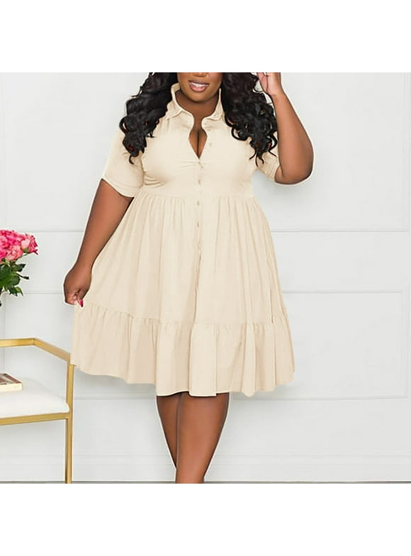 n Women's Plus Size Solid Shirt Dress - Notched Collar Short Sleeve with Single Button Closure, Casual Office Wear Comfortable Tunic Dress for Daily Outings
