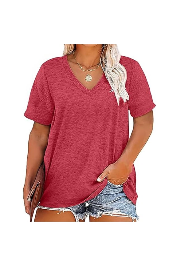 Women's Plus Size V Neck T Shirts Short Sleeve Tops Casual Summer Tshirts Loose Fit Tees XL-5X