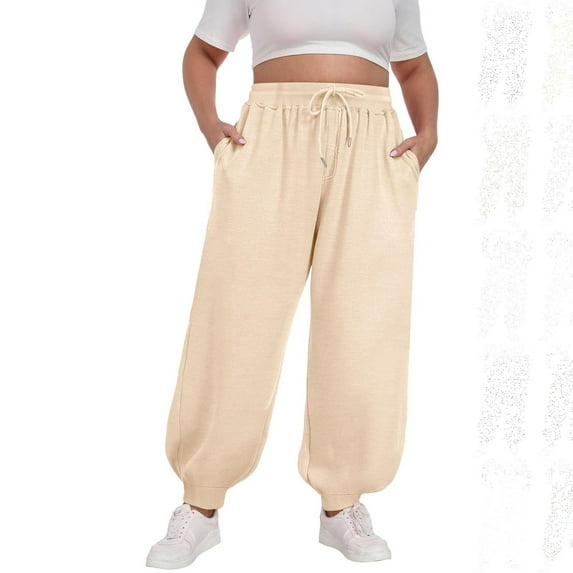 Roncen Women's Plus Size Wide Leg Jogger Pants - Elastic Waist Comfort Fit Trousers with Elastic Cuff & Pockets