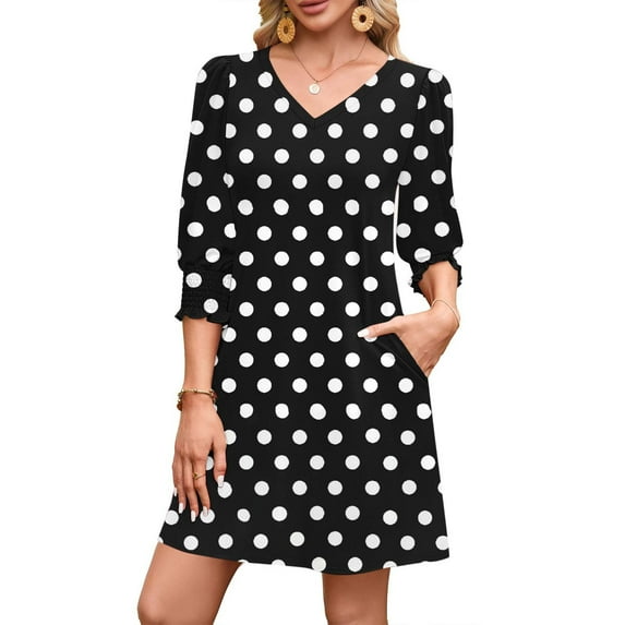 Roncen Women's Polka Dot V-Neck Dress - Casual Flowy Fit with 3/4 Sleeve and Long Sleeve Options, Stylish Versatile Dress for Spring Summer Fashion