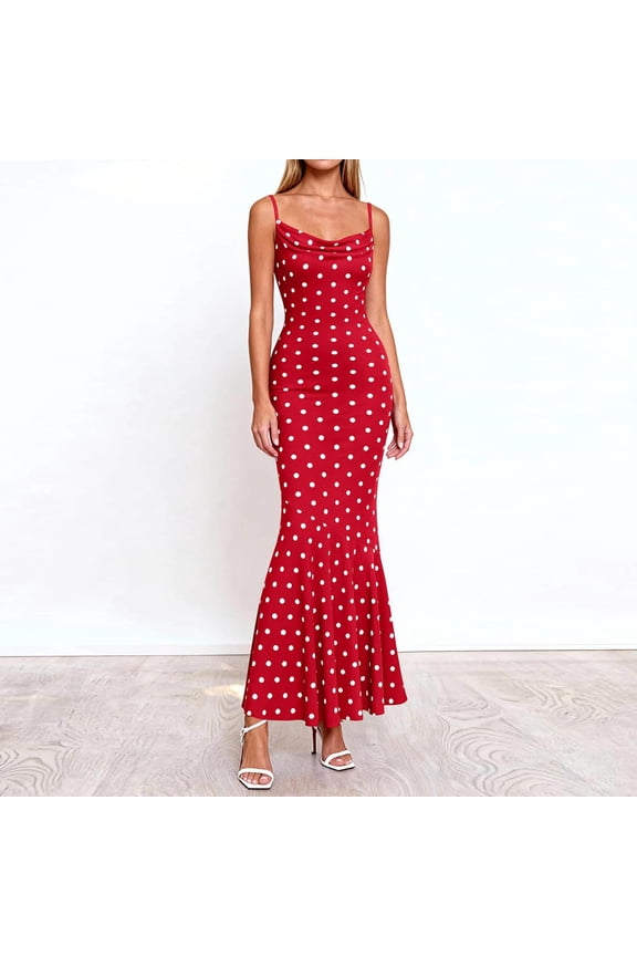 Women's Polka Dots Frill Trim Cami Dress Elegant Ruched Bust Fishtail Maxi Dresses