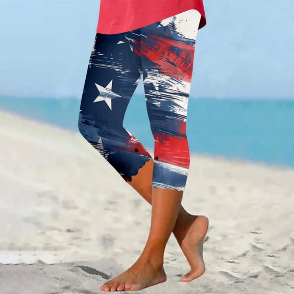 Roncen Women's Printed Capri Pants - High Waist Summer Slim Fit Capris with Independence Day Design & Comfortable Stretch Fabric for Layering