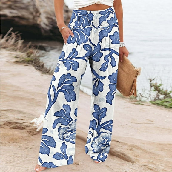 Roncen Women's Printed Casual Pants - Loose Fit High-Rise Straight Leg Trousers with Elastic Waist & Pockets