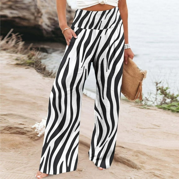 Roncen Women's Printed High Waist Straight Leg Pants - Casual Loose Fit Elastic Waist Trousers with Pockets