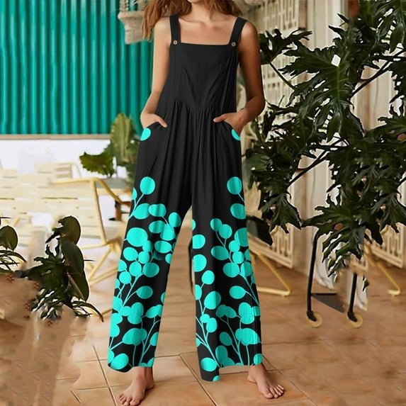 Roncen Women's Printed Overalls - Adjustable Strap Jumpsuit with Button Front & Multi-Pockets, Vintage Wide Leg Romper for Casual & Work