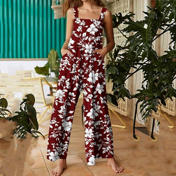 Roncen Women's Printed Overalls - Adjustable Strap Jumpsuit with Button Front & Multi-Pockets, Vintage Wide Leg Romper for Casual & Work