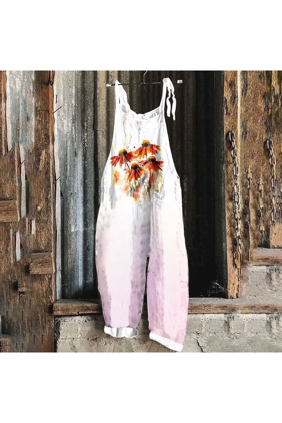 Women's Printed Overalls - Adjustable Straps Loose Fit Wide Leg Jumpsuit with Pockets