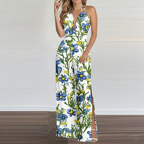 Roncen Women's Printed Overalls - Fashionable Wide Leg Jumpsuit with Split Hem, Open Back Design & Adjustable Sleeveless Straps