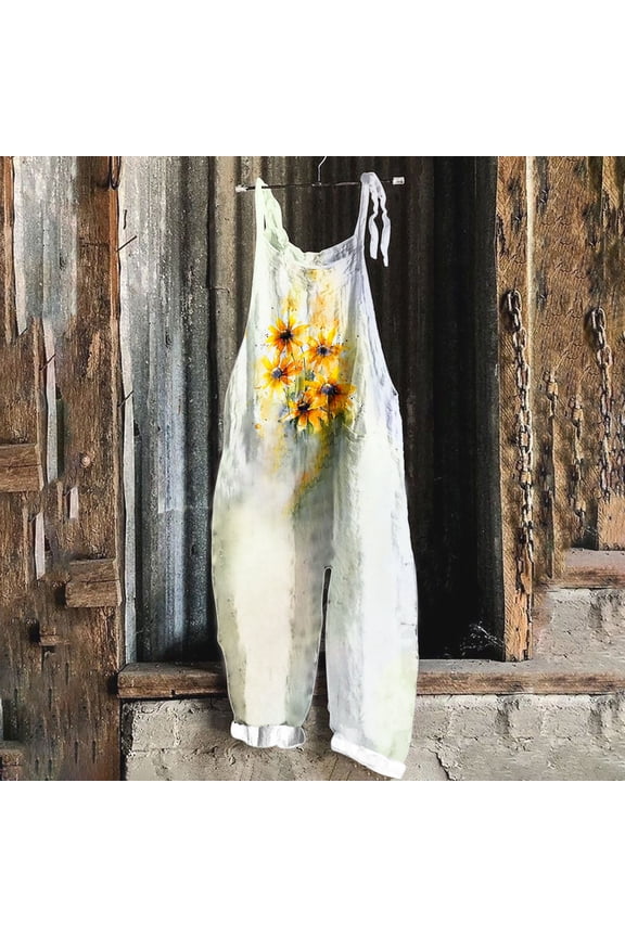 Women's Printed Overalls - Loose Fit Adjustable Strap Wide-Leg Dungarees with Pockets