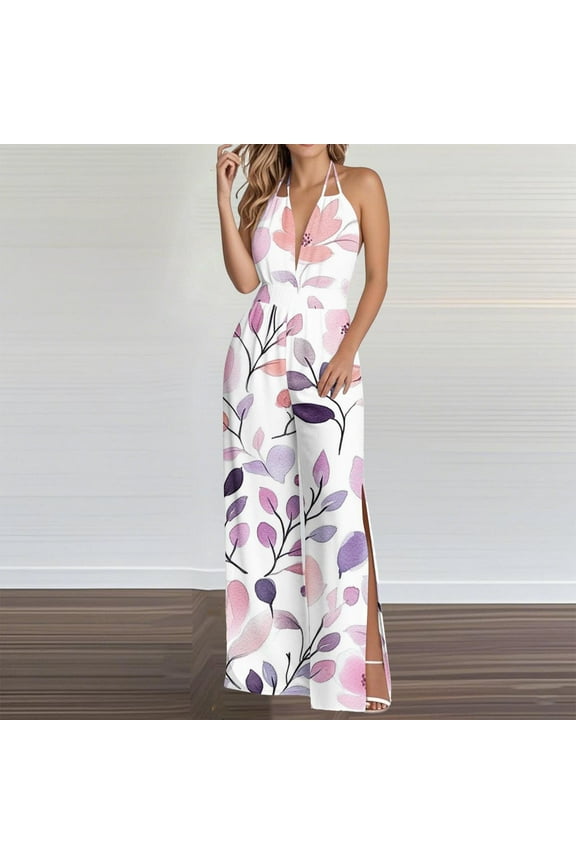 Women's Printed Overalls - Loose Fit Wide Leg Jumpsuit with Split Hem, Elastic Waist & Sleeveless Straps