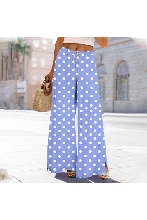 Women's Printed Wide Leg Cargo Pants - Casual Elastic Waist with DNaturalstring, Side Slits & Functional Pockets