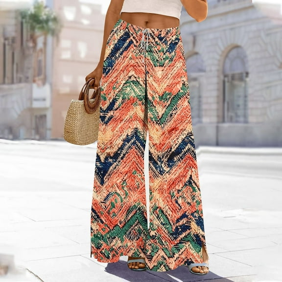 Roncen Women's Printed Wide-Leg Jogger Pants - Elastic DNatural​​string Waist, Cargo Split Hem & Casual Relaxed Fit with Pockets