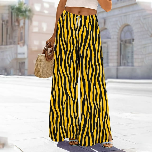 Roncen Women's Printed Wide Leg Pants - Casual Elastic Waist Trousers with DNatural​​string, Side Slits & Pockets