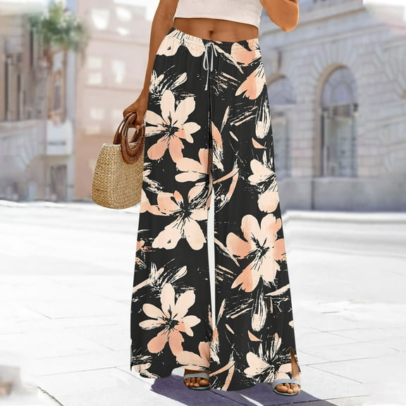 Roncen Women's Printed Wide Leg Pants - Casual Elastic Waist Trousers with Drawstring, Side Slit Hem & Pockets