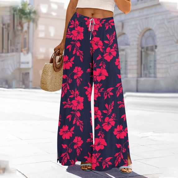 Roncen Women's Printed Wide Leg Pants - Casual Elastic Waist with Drawstring, Cargo Side Slits & Functional Pockets