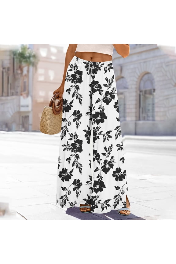 Women's Printed Wide Leg Pants - Casual Elastic Waist with Drawstring, Cargo Side Slits & Functional Pockets