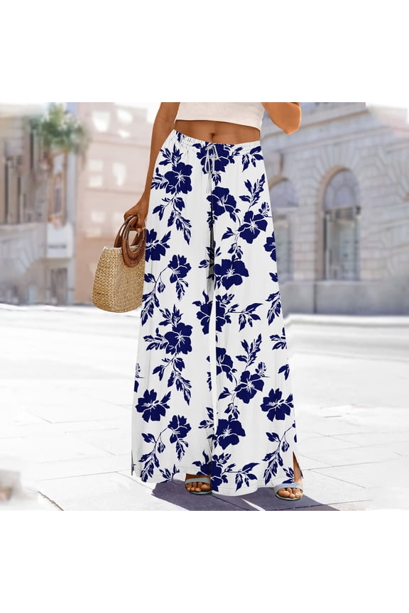 Women's Printed Wide Leg Pants - Casual Elastic Waist with Drawstring, Cargo Side Slits & Functional Pockets