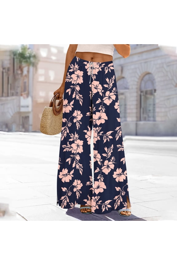 Women's Printed Wide Leg Pants - Casual Elastic Waist with Drawstring, Cargo Side Slits & Functional Pockets