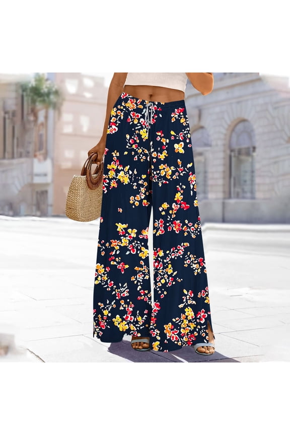 Women's Printed Wide Leg Pants - Casual Elastic Waist with Drawstring, Side Slits & Pockets