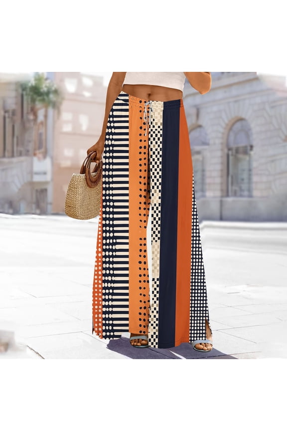 Women's Printed Wide Leg Pants - Casual Loose Fit Trousers with Elastic Waist, Drawstring, Side Slits & Functional Pockets