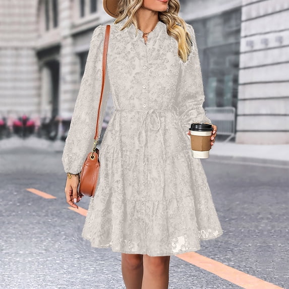 Roncen Women's Pure Color Button-Up Long Sleeve Dress - Classic and Timeless Polished