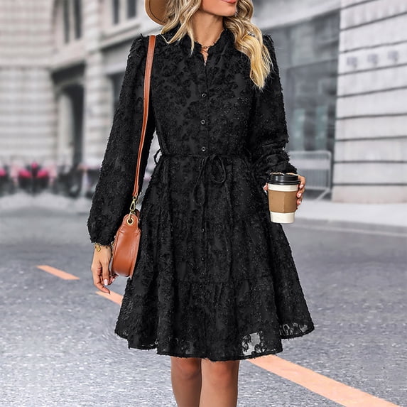 Roncen Women's Pure Color Button-Up Long Sleeve Dress - Classic and Timeless Polished