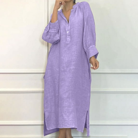 Roncen Women's Pure Color Cotton Linen Dress - Simple and Chic, Long Sleeve V-neck Ankle-length Dress for Everyday Polished​​