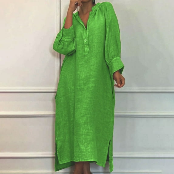 Roncen Women's Pure Color Cotton Linen Dress - Simple and Chic, Long Sleeve V-neck Ankle-length Dress for Everyday Polished​​